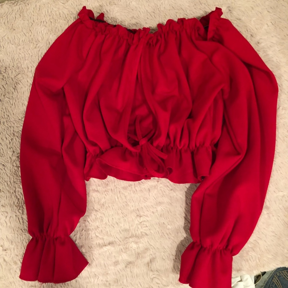 Keyhole red off the shoulder bell sleeve blouse